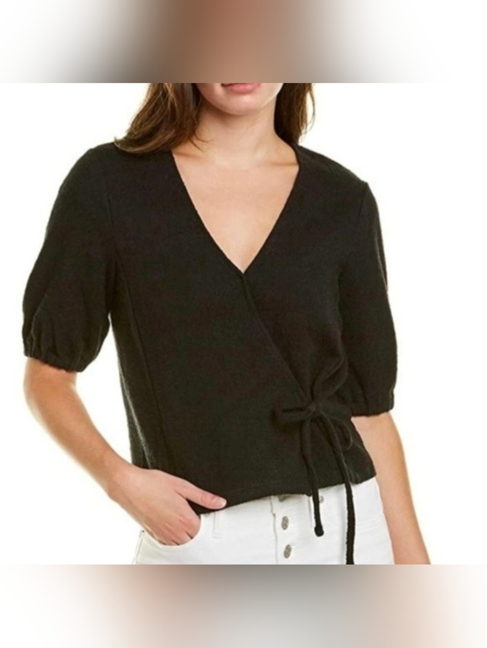 Madewell Top Texture & Thread Puff Sleeve Wrap Top Blouse Black XS